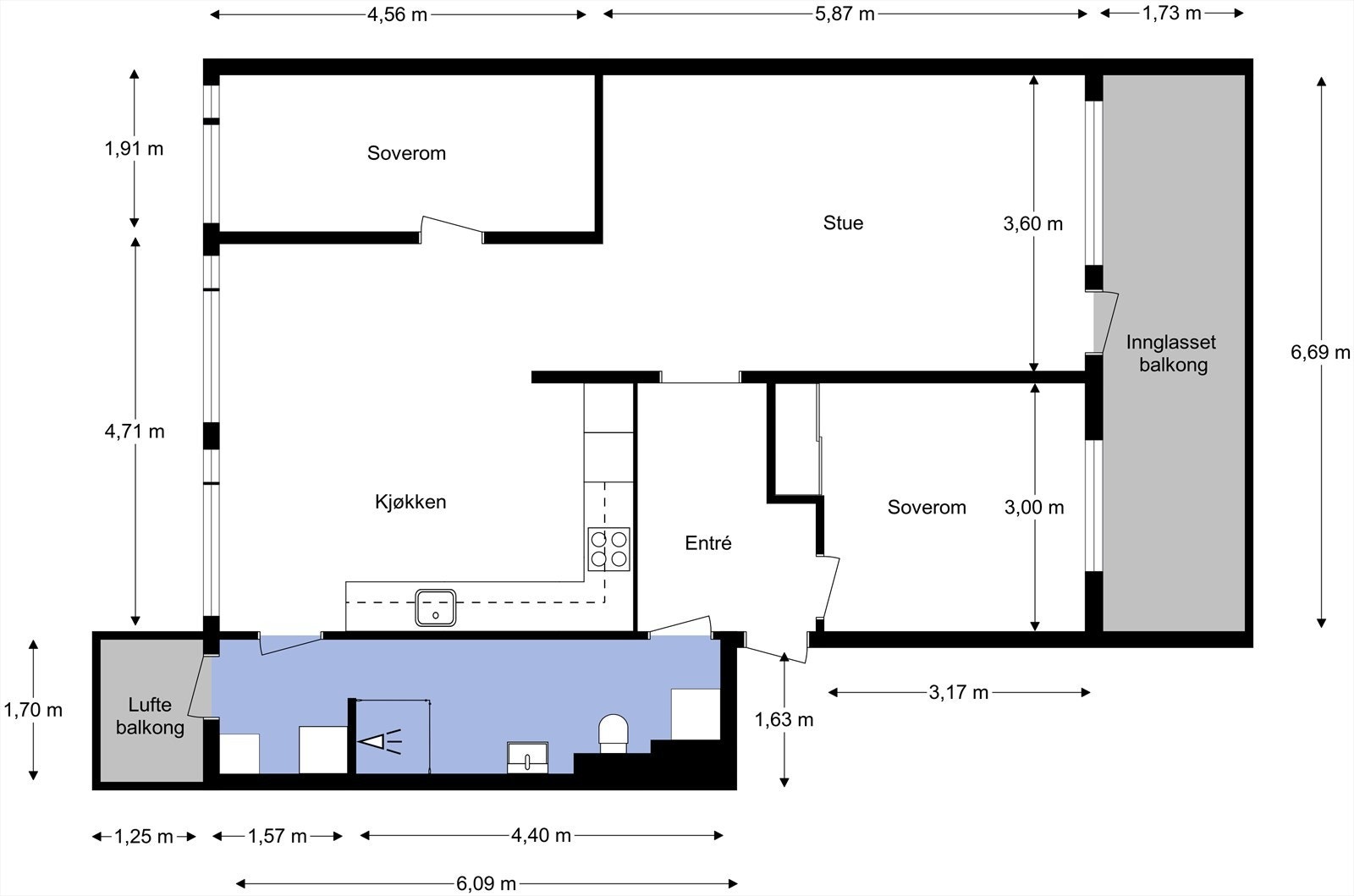 Plantegning med mål utarbeidet av takstmann. Har du spørsmål angående boligen? Ta kontakt med megler i dag! Galleribilde