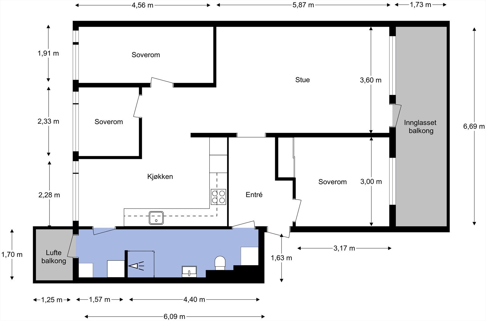 Alternativ planløsning; Nytt soverom oppfyller ikke dagens anbefalte krav på 7m² gulvflate, da soverom kun er på ca. 4,8m². Galleribilde