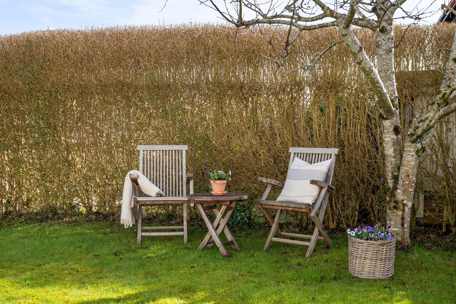Skjermet og hyggelig sitteplass i hagen. Perfekt for rolige morgener eller en kopp kaffe i solen. Galleribilde