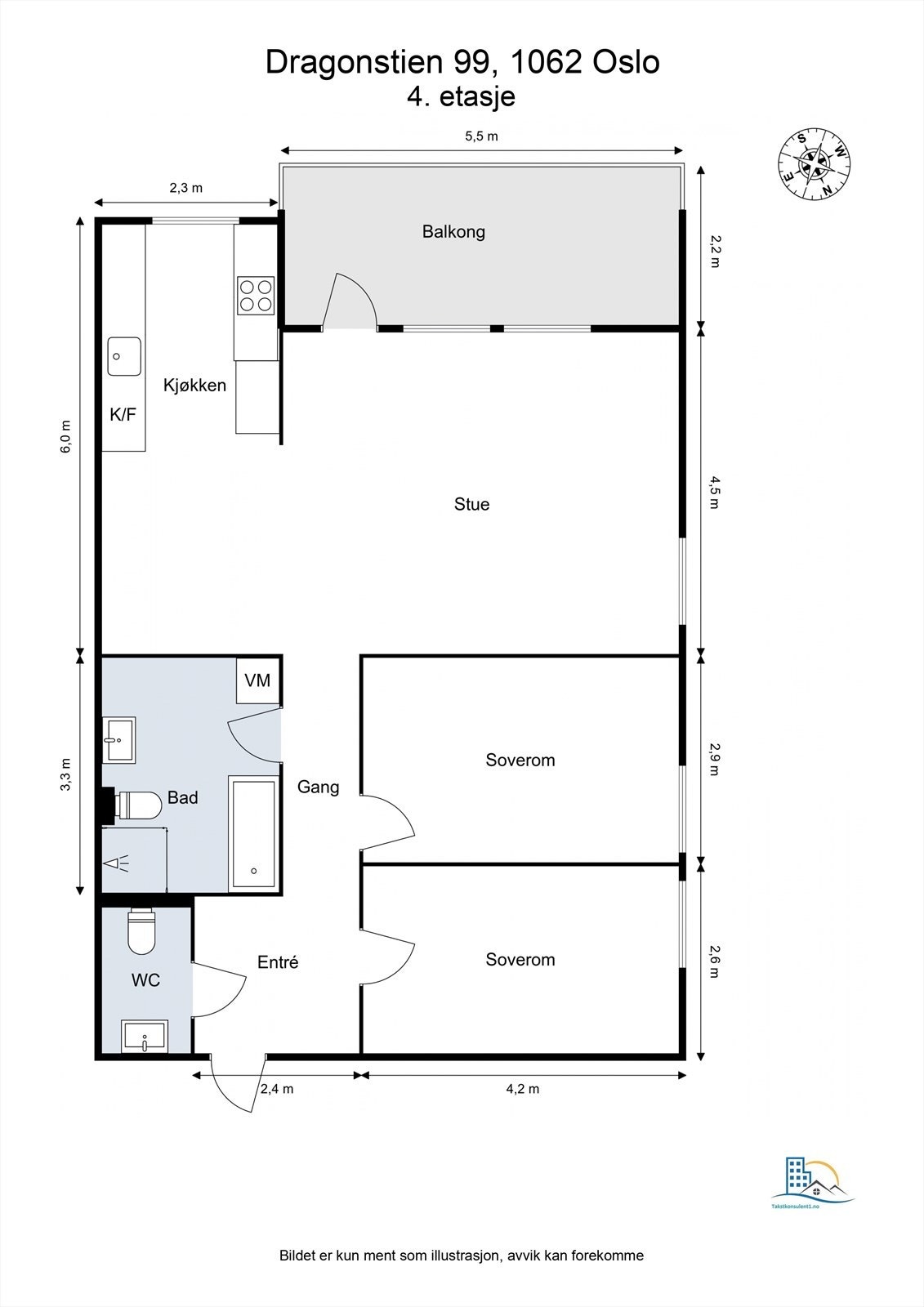 Boligen er beliggende i 4. etasje og består av 2 soverom, et romslig bad, et WC, en åpen stue/ kjøkkenløsning og en romslig balkong. Galleribilde