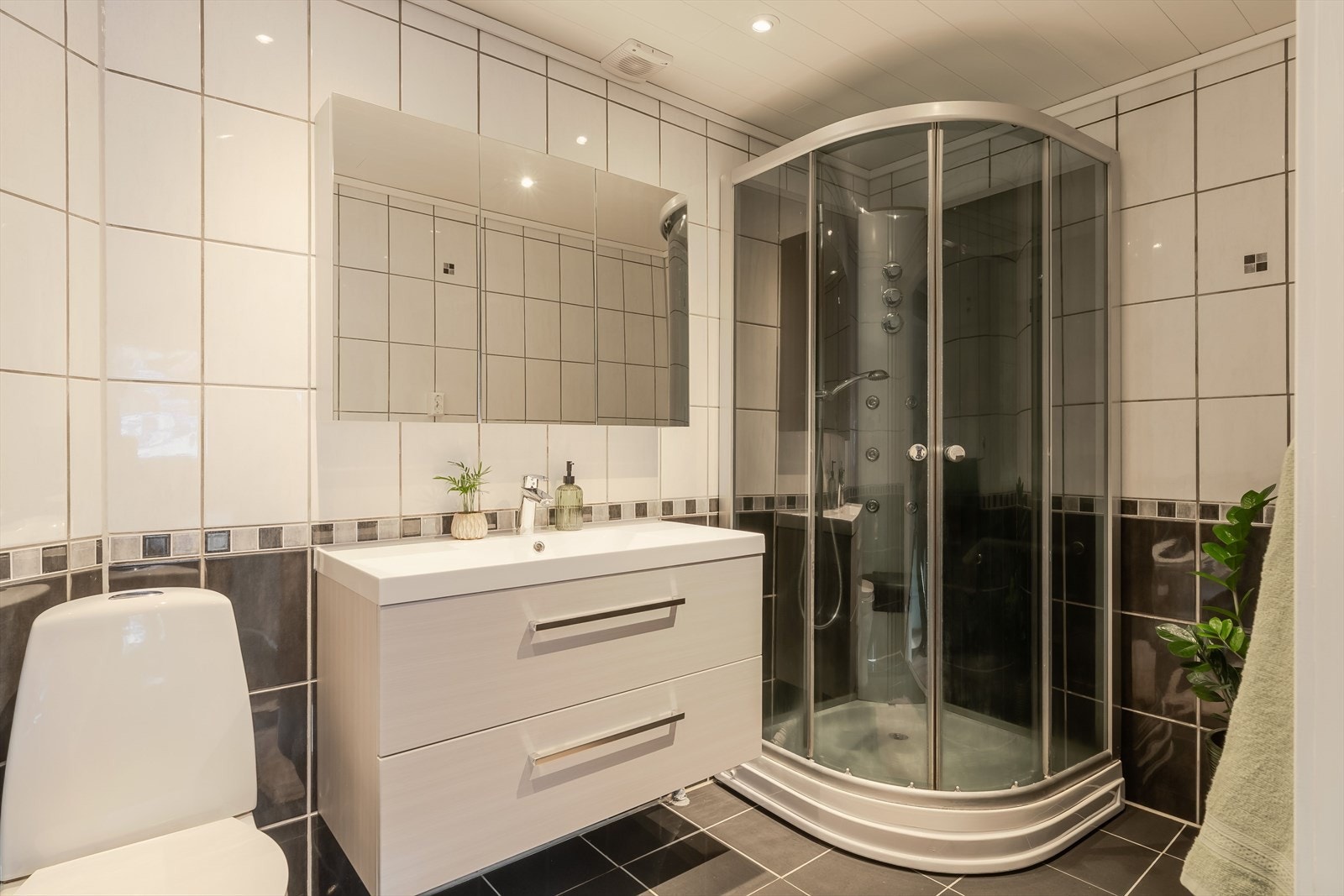 Rommet er innredet med toalett, servantskap og dusjkabinett. Galleribilde