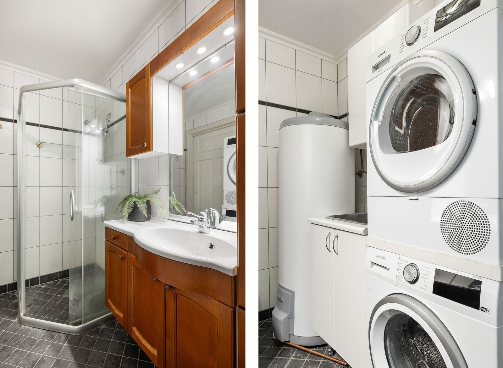 Kombinert bad/vaskerom med dusj, servant med innredning og opplegg for vaskemaskin. Galleribilde