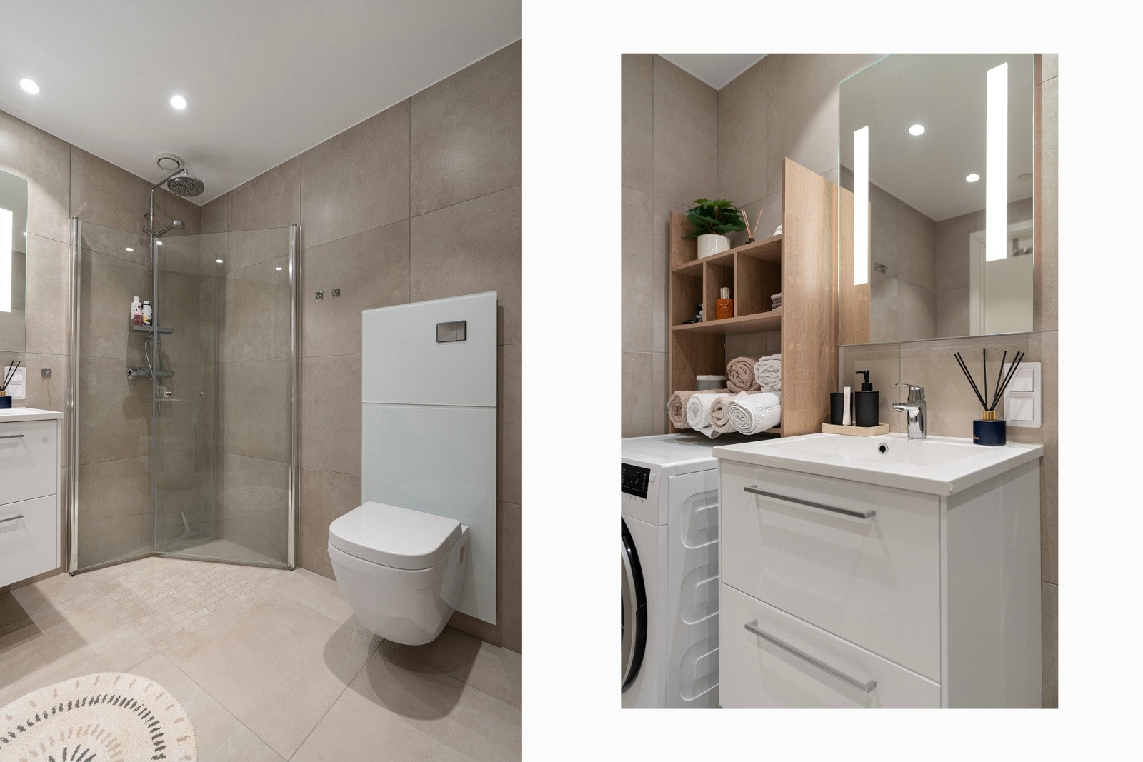 Baderomsinnredning med tilstrekkelig med oppbevaringsplass. Galleribilde