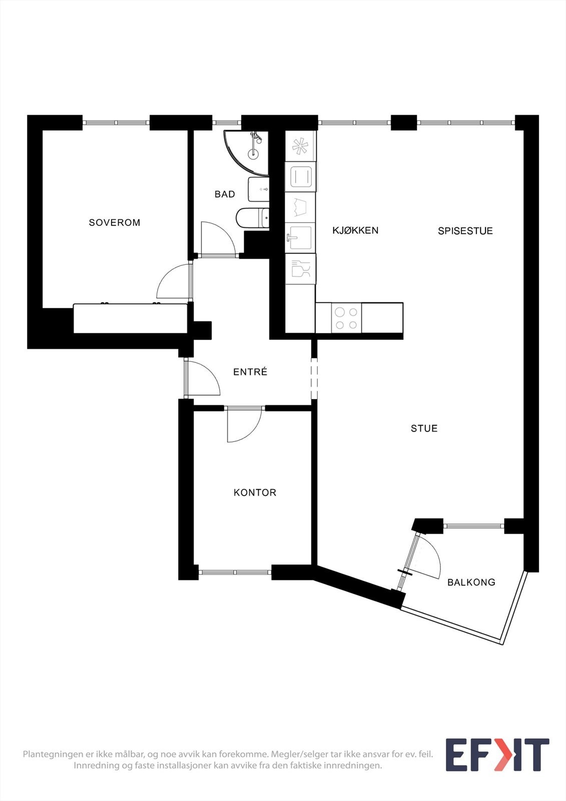 Leiligheten på 66 m² har en effektiv planløsning med to soverom, bad og en åpen stue- og kjøkkenløsning. Galleribilde