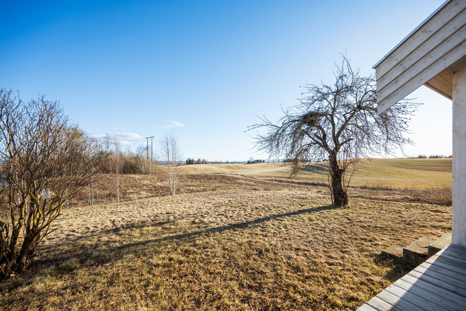 Gårdstunet er opparbeidet med plenarealer, noe beplantning og gruset parkeringsplass. Tomten har gode lys- og solforhold. Galleribilde