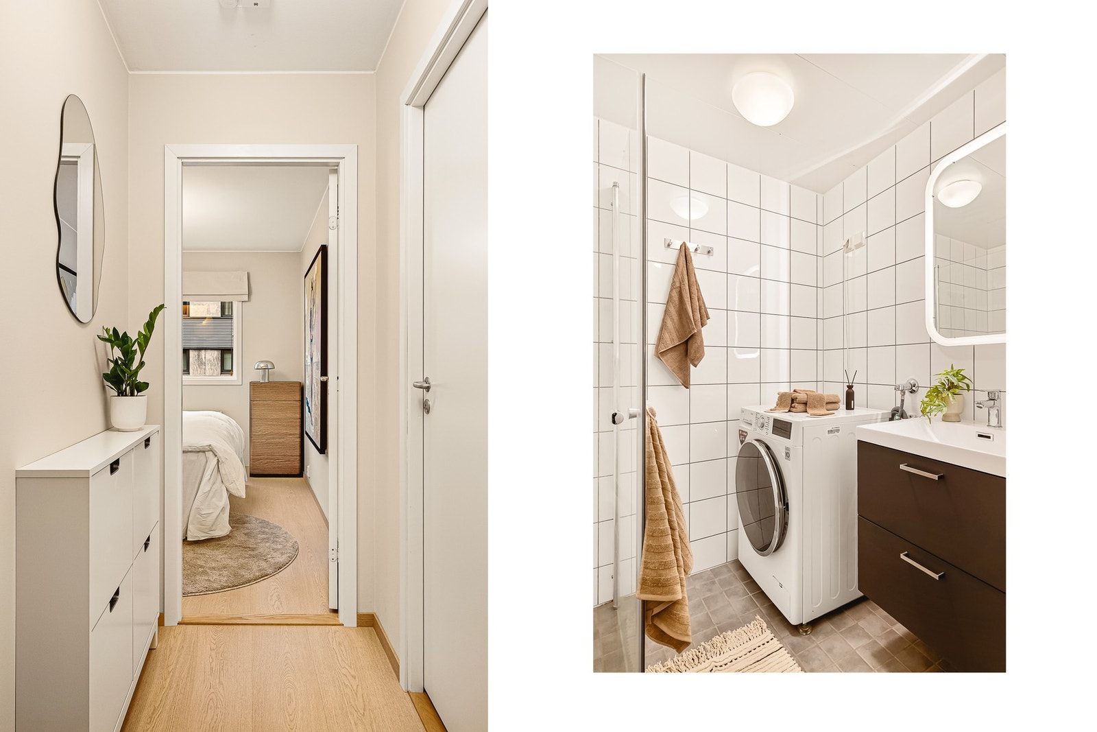 Pent og helfliset bad på 3,1 m², med varmekabler i gulvet. Galleribilde