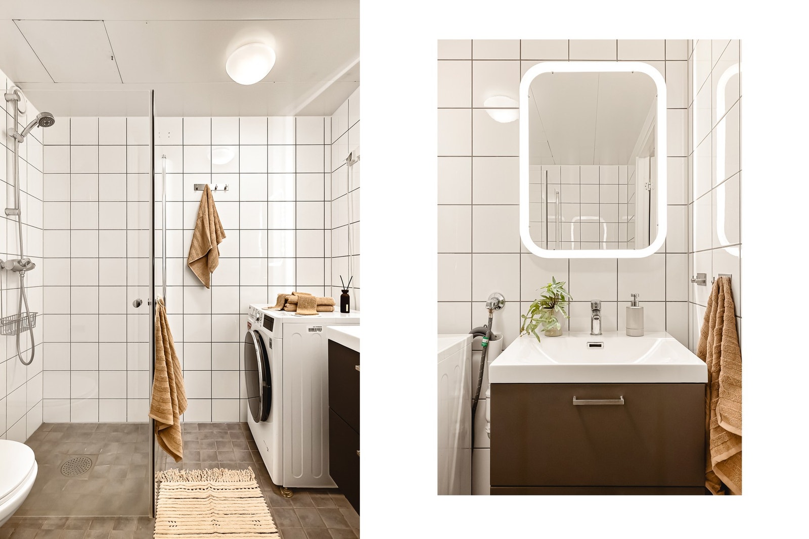 Baderomsinnredningen består av vegghengt toalett, helstøpt servant, skuffer under servant med slette fronter, og dusjdører i klart glass. Galleribilde