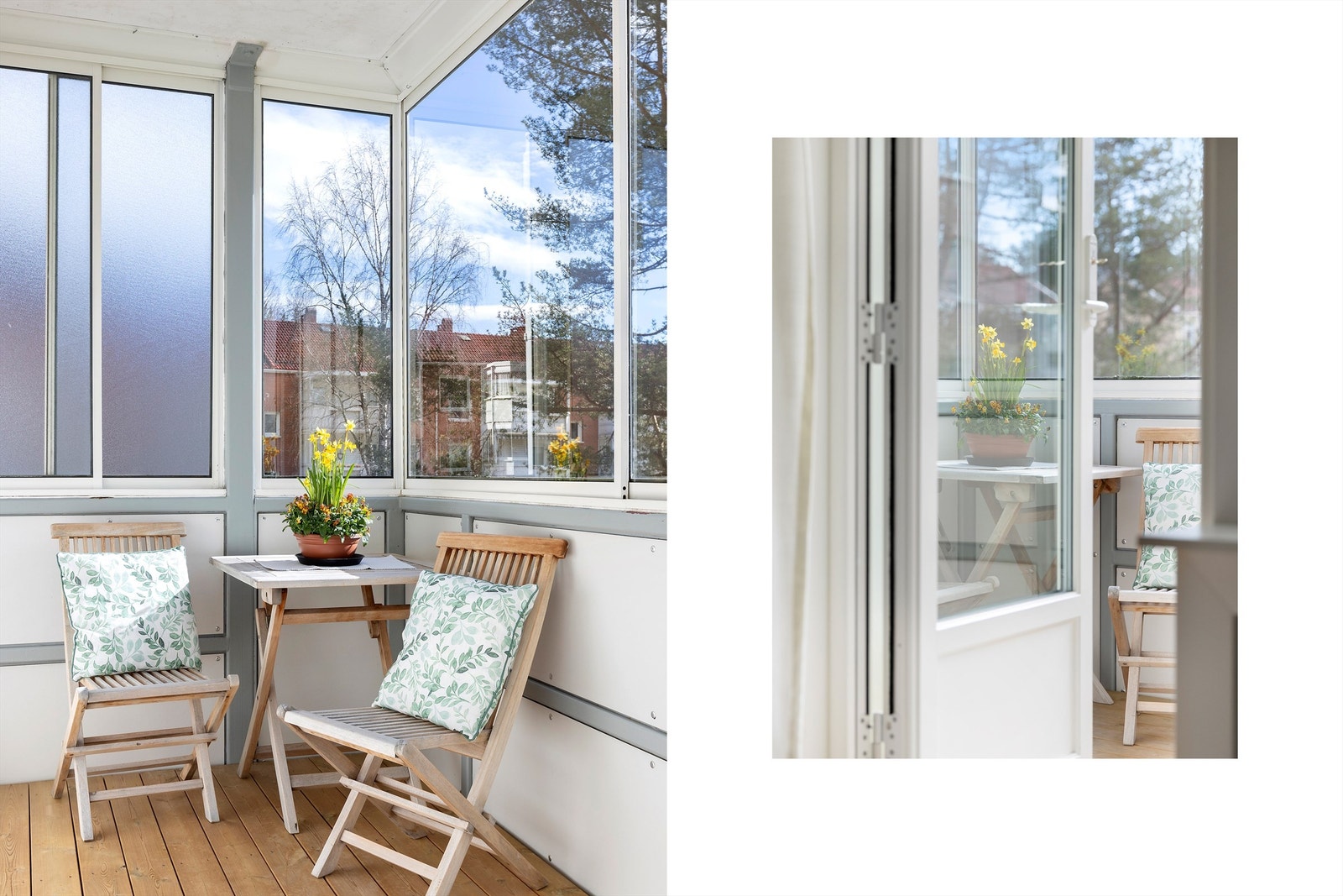 Balkongen har nye terrassebord i impregnert materiale, med rustfrie skruer, (ny i 2021). Her er det god plass til sittegruppe. Galleribilde