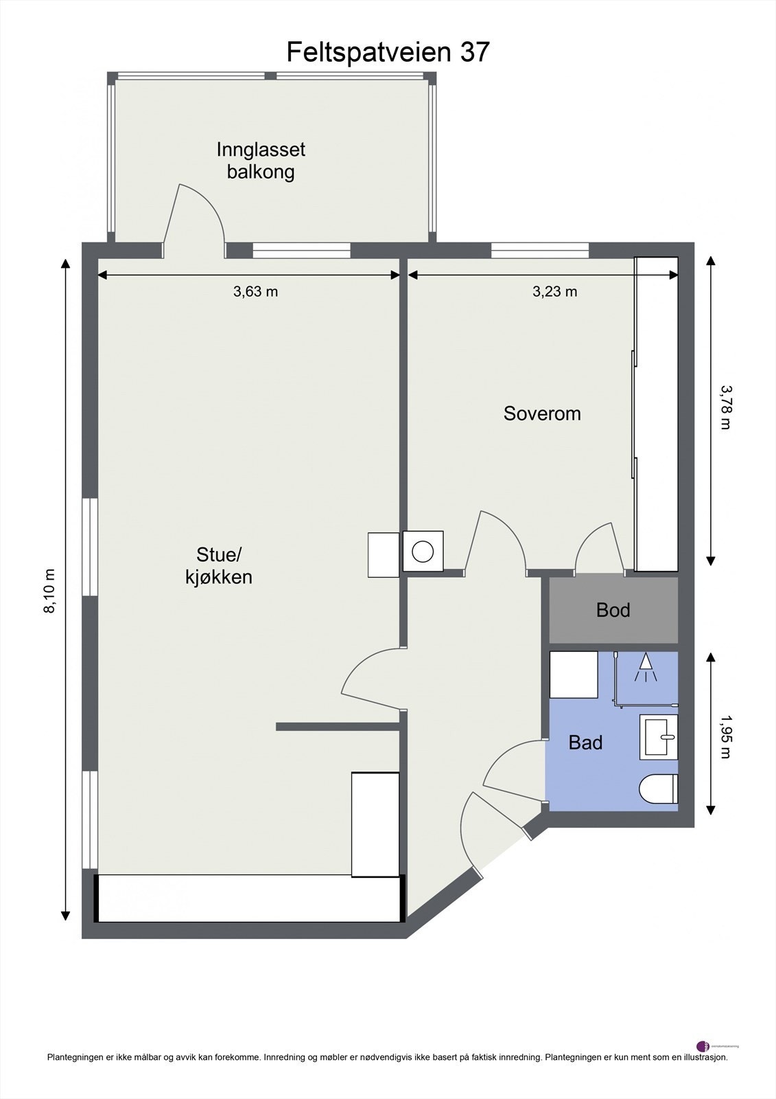 Leiligheten har en arealeffektiv planløsning på 55 m² med åpen stue- og kjøkkenløsning og separat soverom. Galleribilde