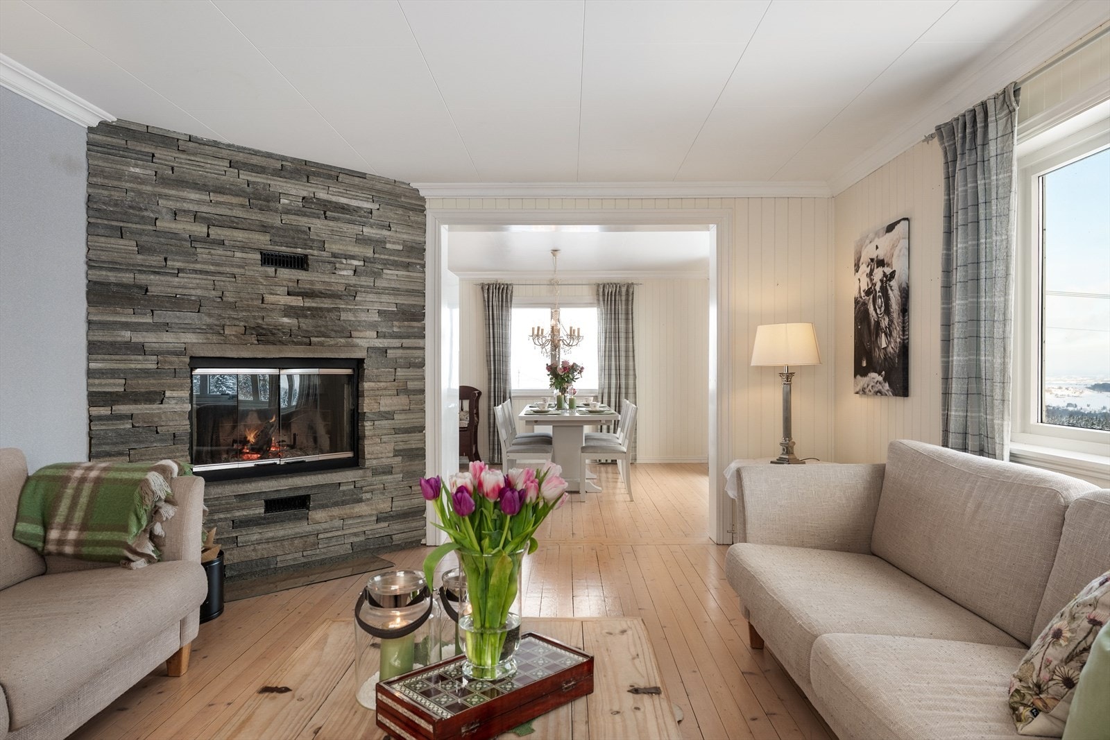 Herlig peisinnsats som er et flott møbel i seg selv belagd med skiferstein. Galleribilde