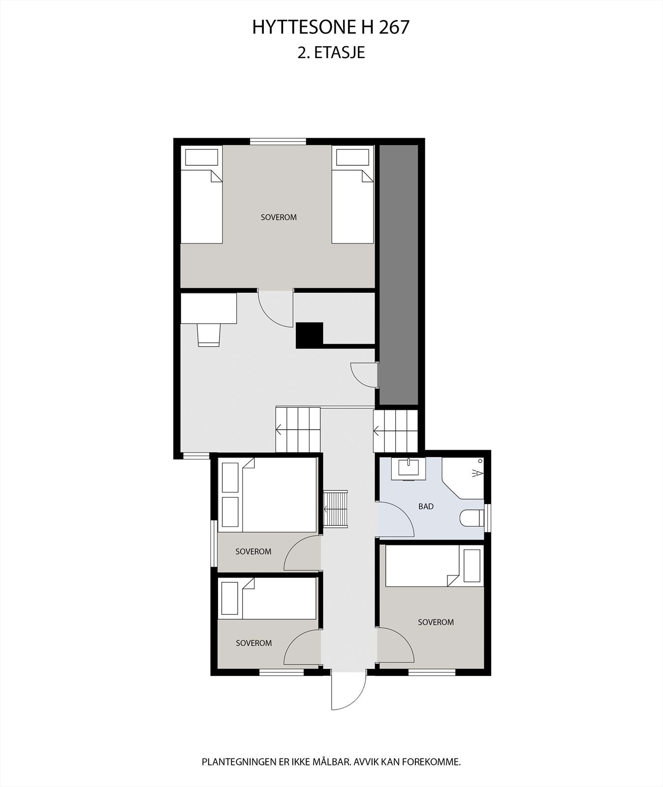 Denne delen av hovedetasjen rommer en adskilt soveromsavdeling med tre soverom og bad. Galleribilde