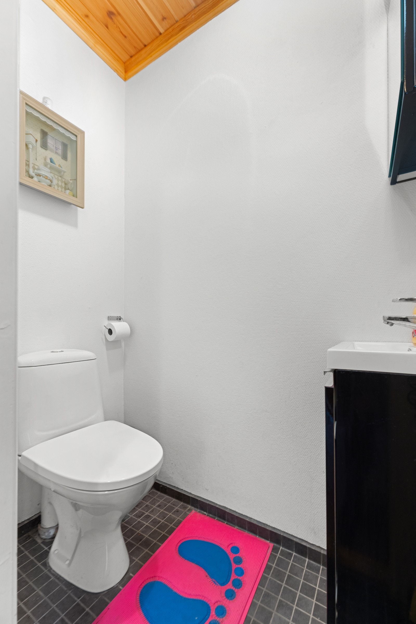 Wc med fliser på gulv og strier på vegger. Galleribilde