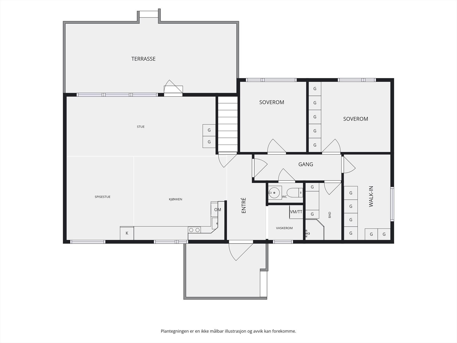 Hovedetasjen har en åpen stue- og kjøkkenløsning med utgang til terrasse, samt tre soverom og et vaskerom. Galleribilde