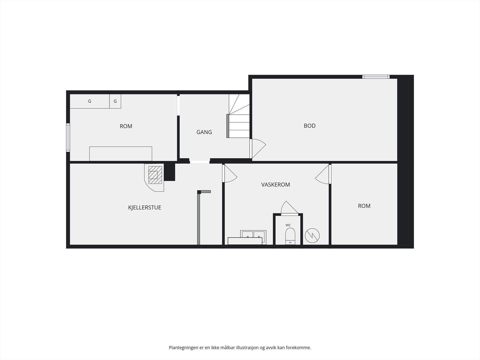 Kjelleretasjen inneholder en kjellerstue, vaskerom og bod, med innredede rom som ikke er godkjent for varig opphold. Galleribilde