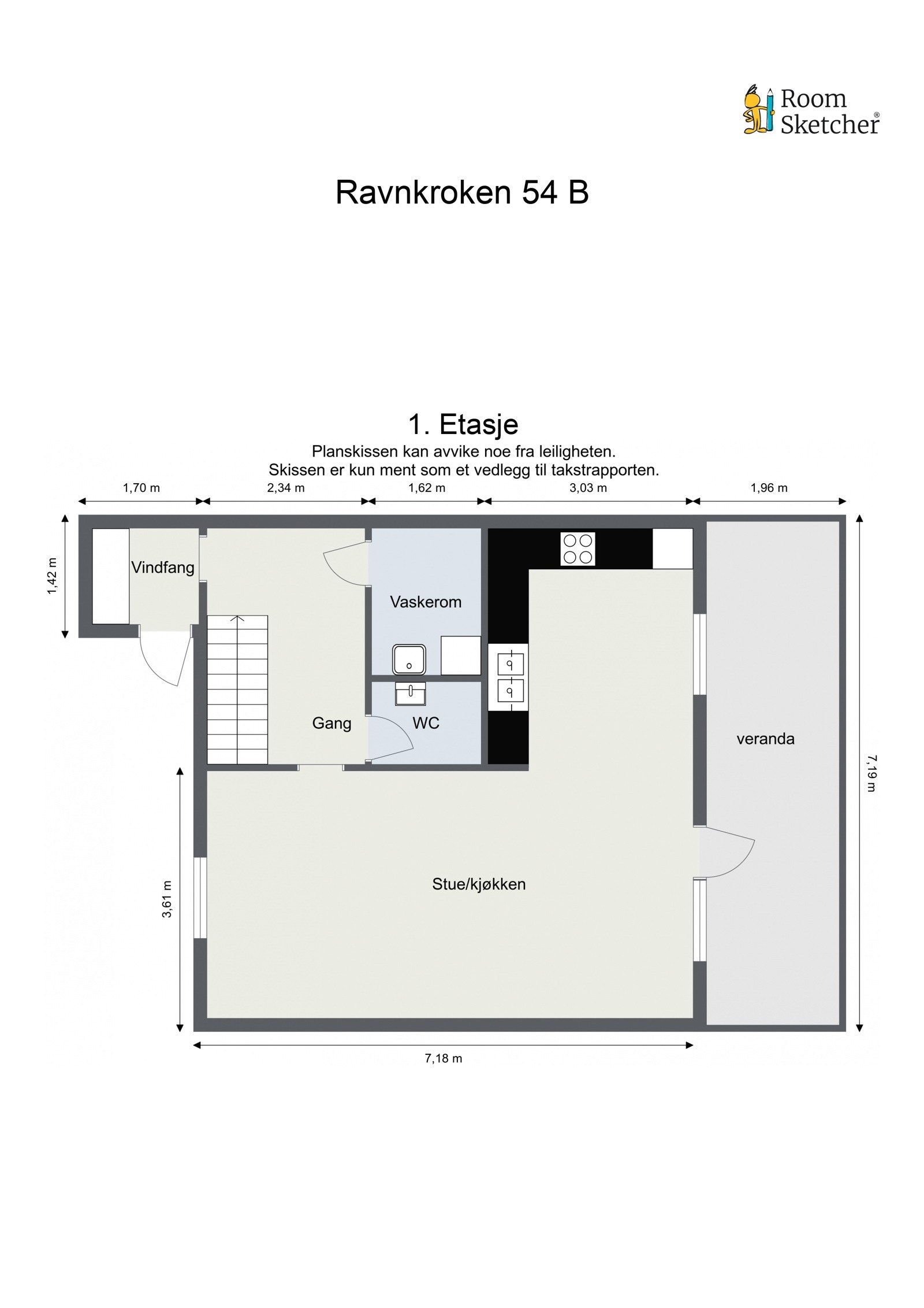 Boligens 1 etg. har vindfang, vaskerom, WC, gang, stue/kjøkken og veranda. Galleribilde