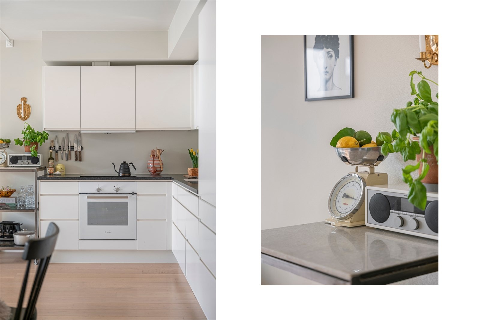 Laminatbenkeplate med planlimt, rustfri stålkum. Komfyrvakt er montert for økt sikkerhet. Galleribilde