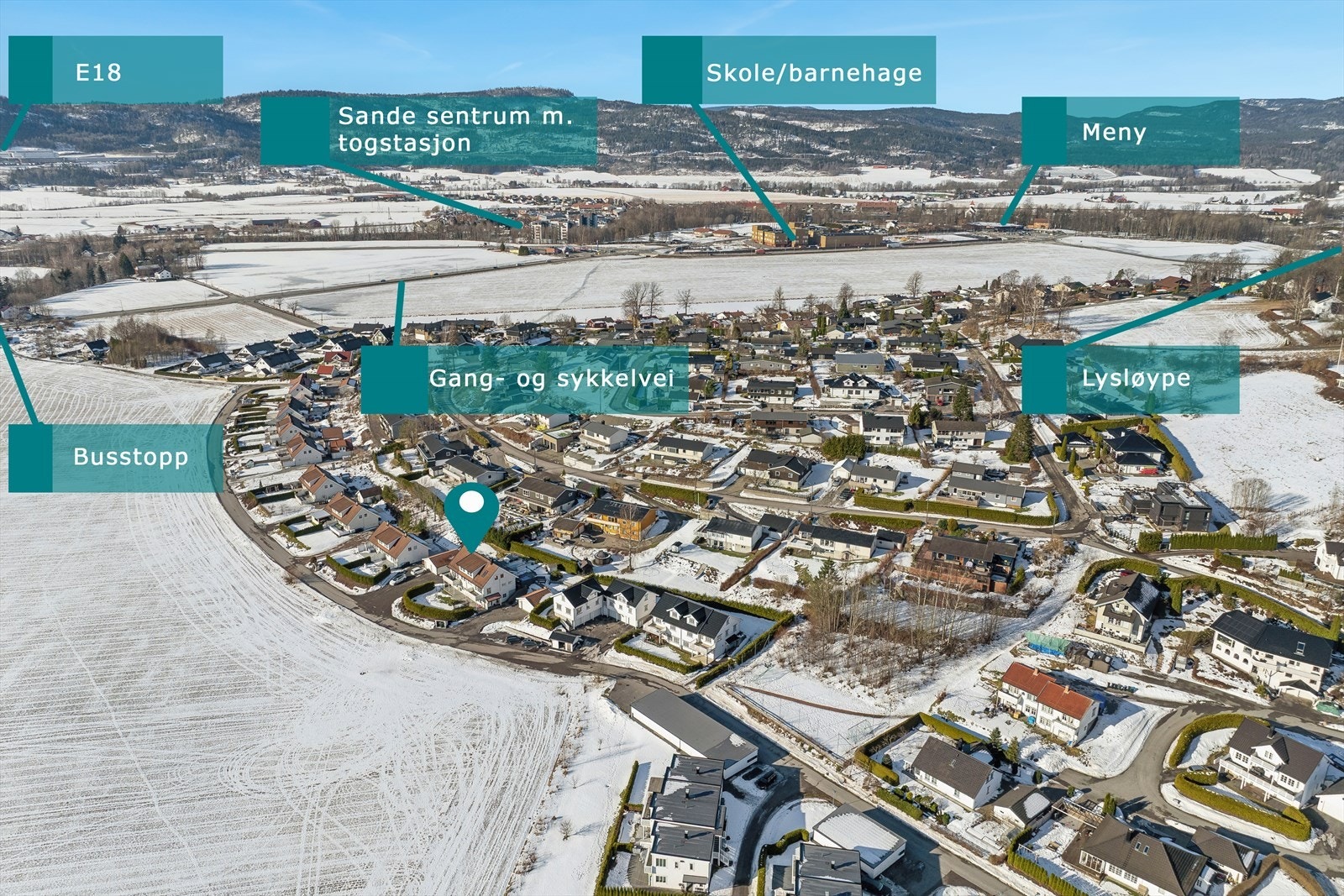 Boligen har en ypperlig plassering med gangavstand til Sande sentrum, som byr på flere sentrumsfasiliteter, skole og barnehage. Galleribilde