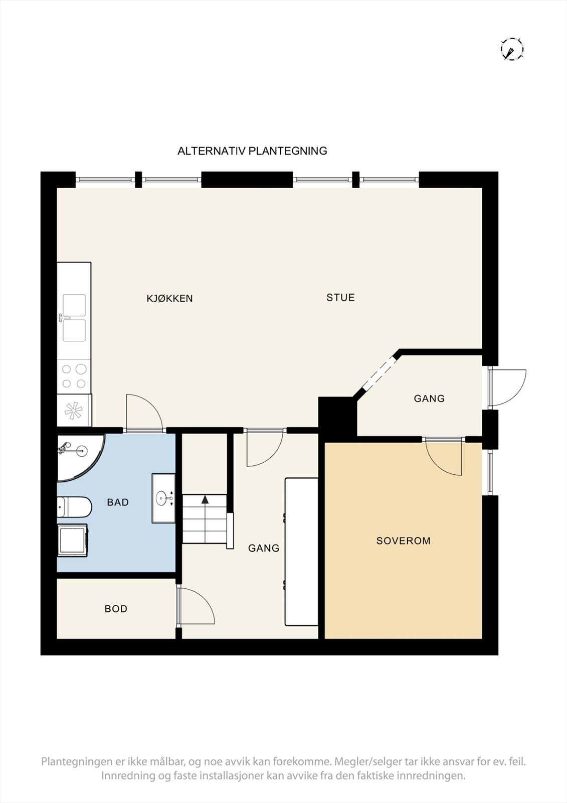 Det har tidligere vært innredet en egen hybeldel (ikke egen boenhet) i U.etg. Tegningen er kun ment som en illustrasjon. Galleribilde