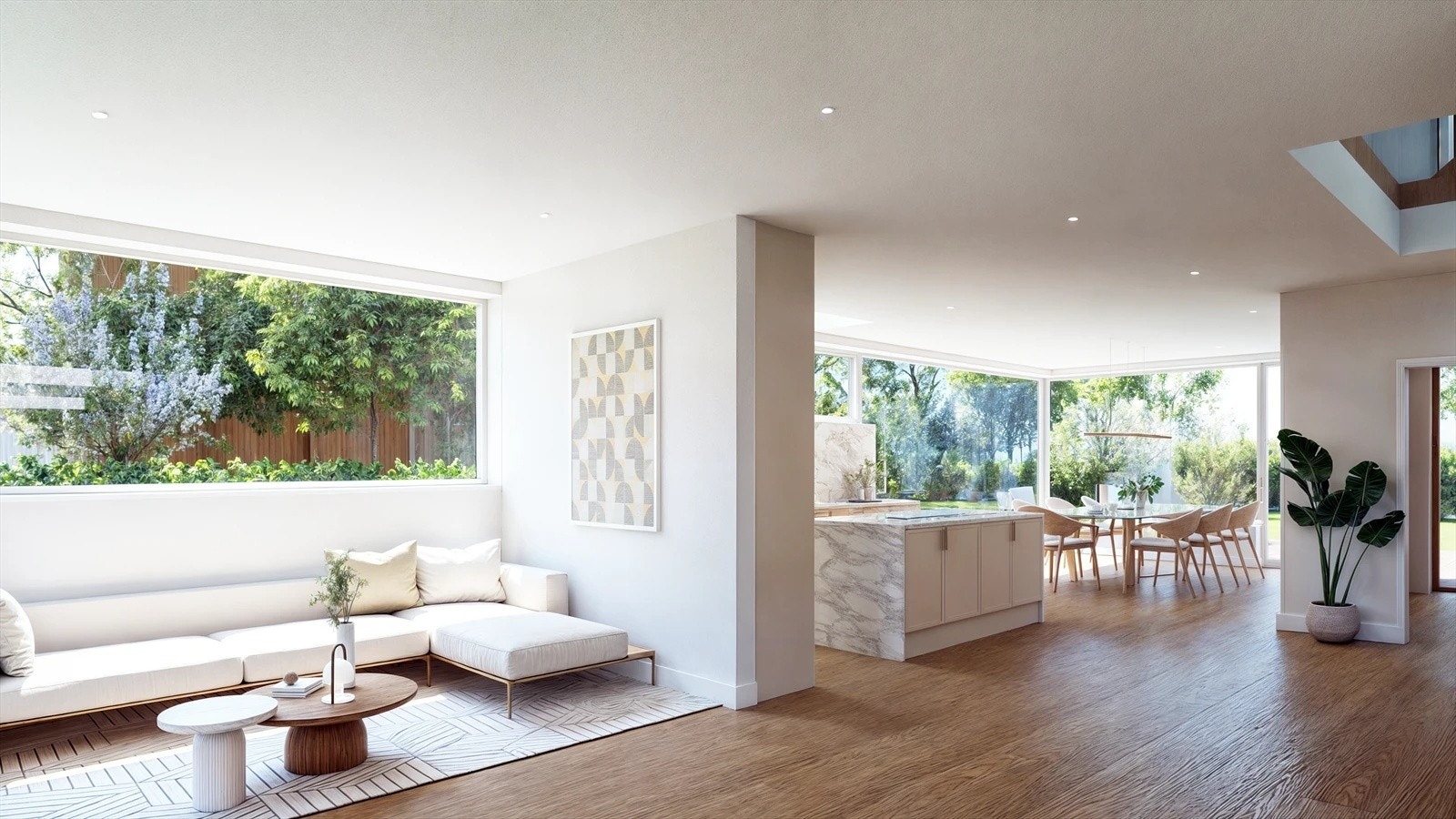 Gjennomtenkt design med kvalitetsmessig godt nivå på alle leveranser. En-stavs eikeparkett over vannbåren varme i stue, spisestue, kjøkken og på soverom. I gang/entre og på bad vil det være fliser på gulvet. Galleribilde