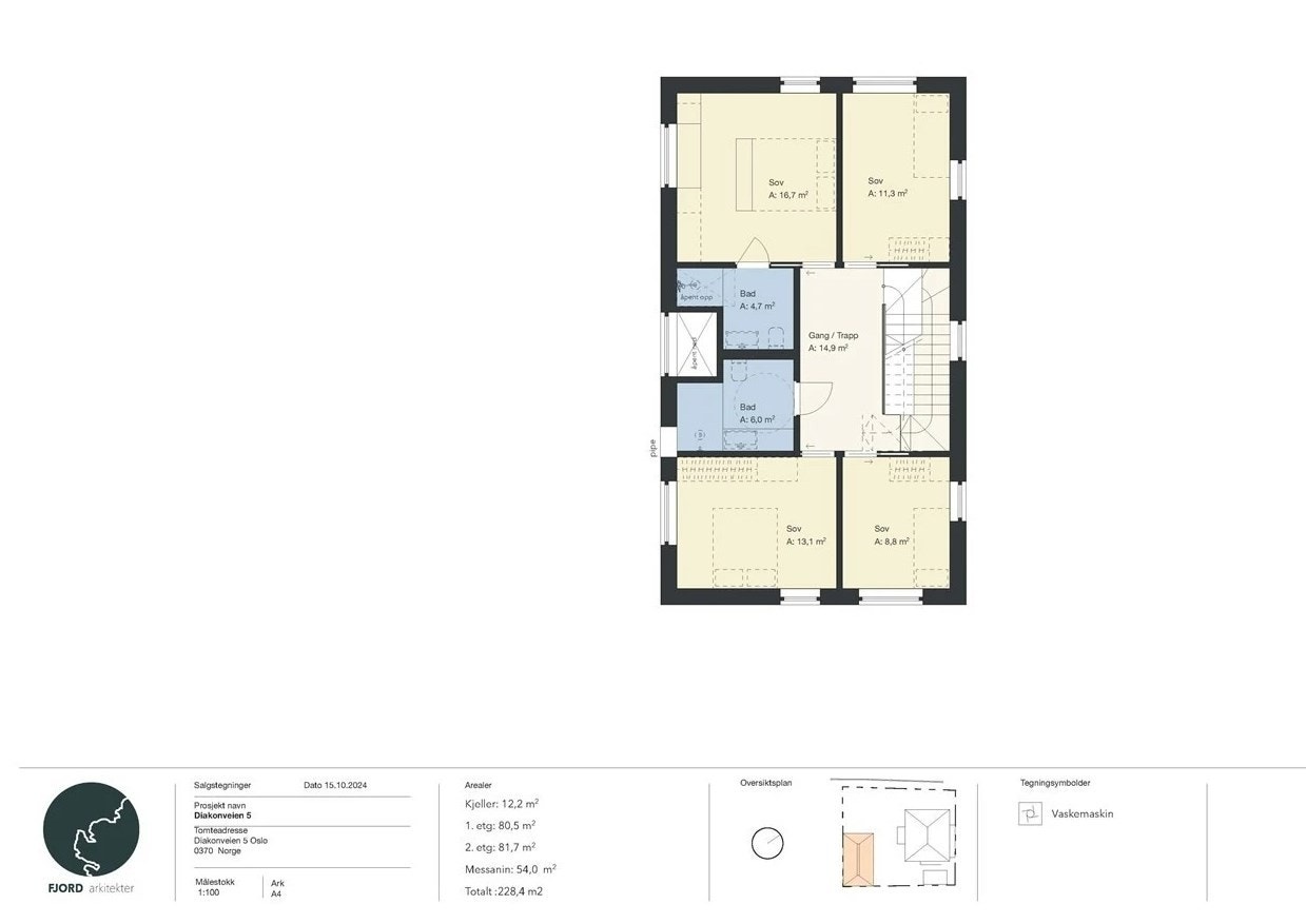 2. etg. (82 kvm). Inneholder 4 soverom, 2 bad, gang og trapp opp til messanin. Galleribilde