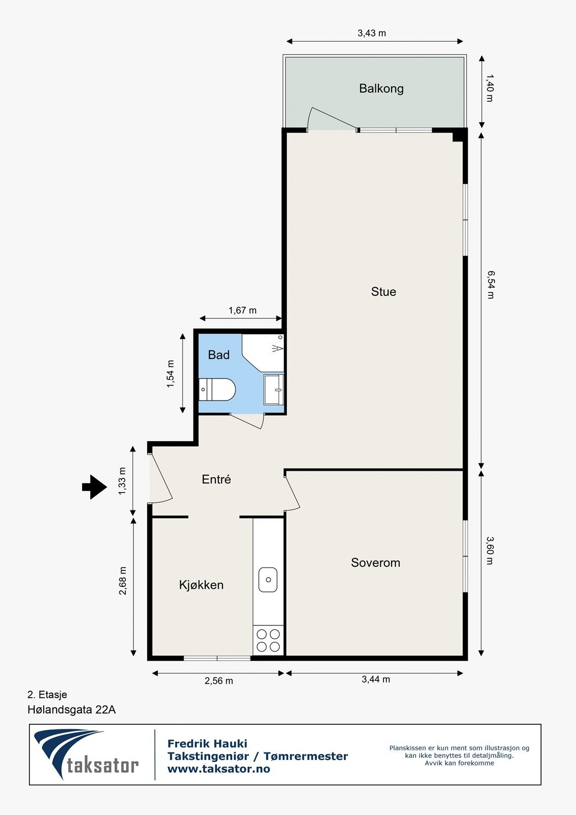 En gjennomgående og arealeffektiv planløsning på 51 m² med adskilt soverom og kjøkken. Galleribilde