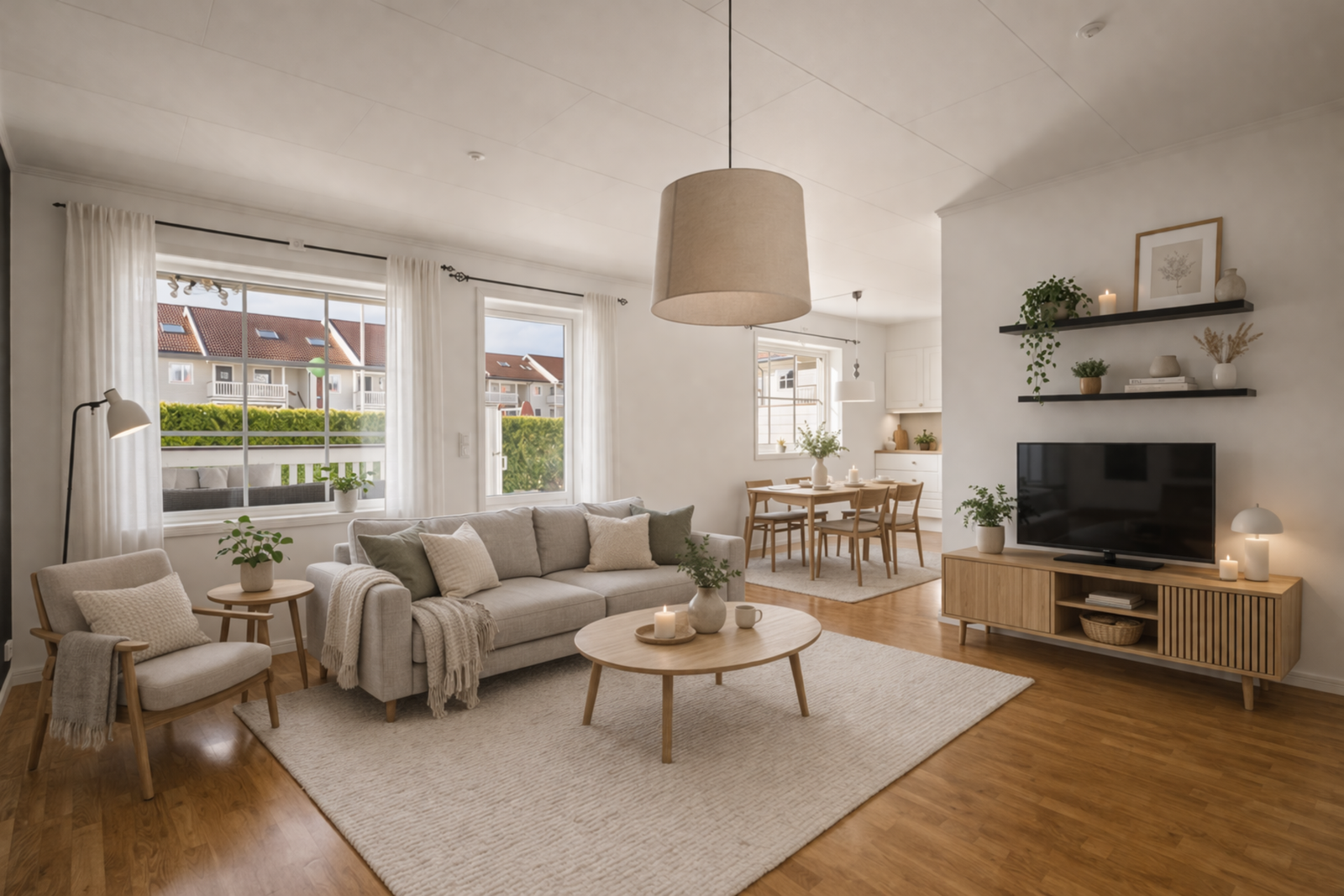 En lys og trivelig 3-roms leilighet i 1. etasje (bildet er digitalt møblert med AI. Avvik kan forekomme) Galleribilde