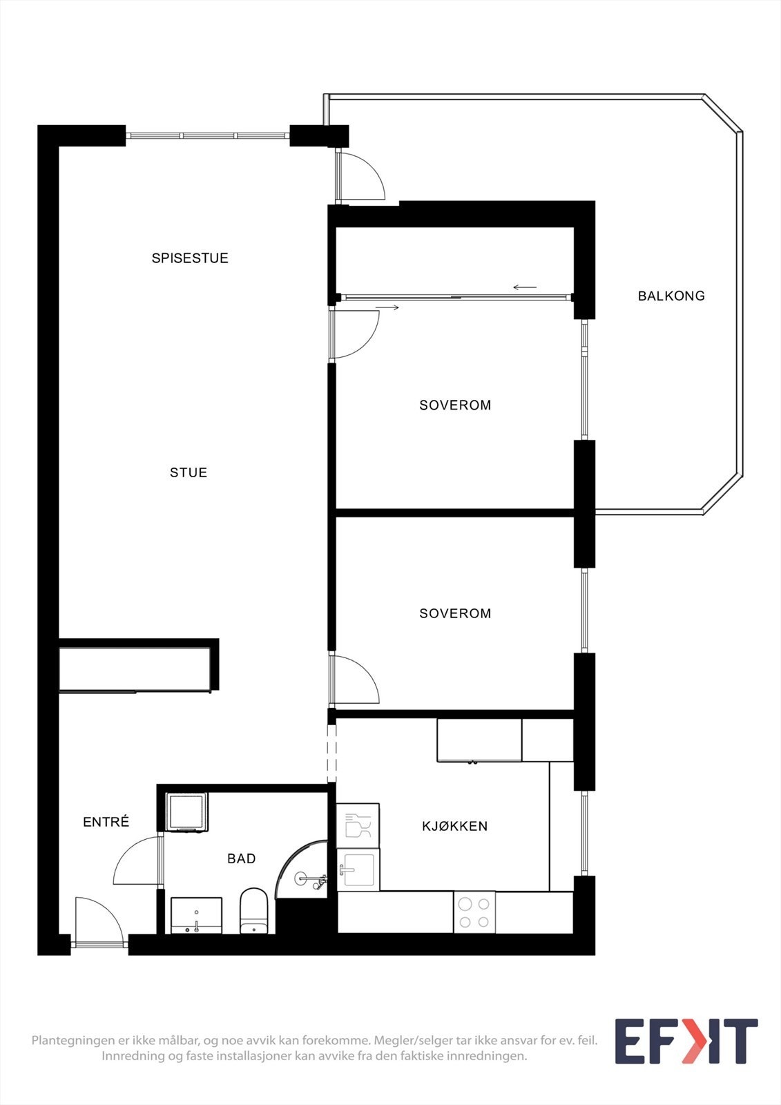 Leiligheten har en arealeffektiv planløsning på 75 m² med to soverom, adskilt fra stue og kjøkken. Galleribilde