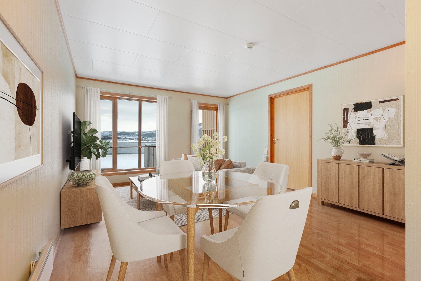 Stue er utført i lyse overflater. Galleribilde