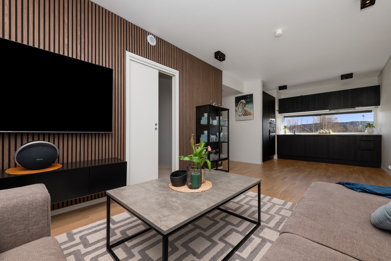 Vegg i stue kledd med spileplater gir et moderne og stilfullt preg Galleribilde