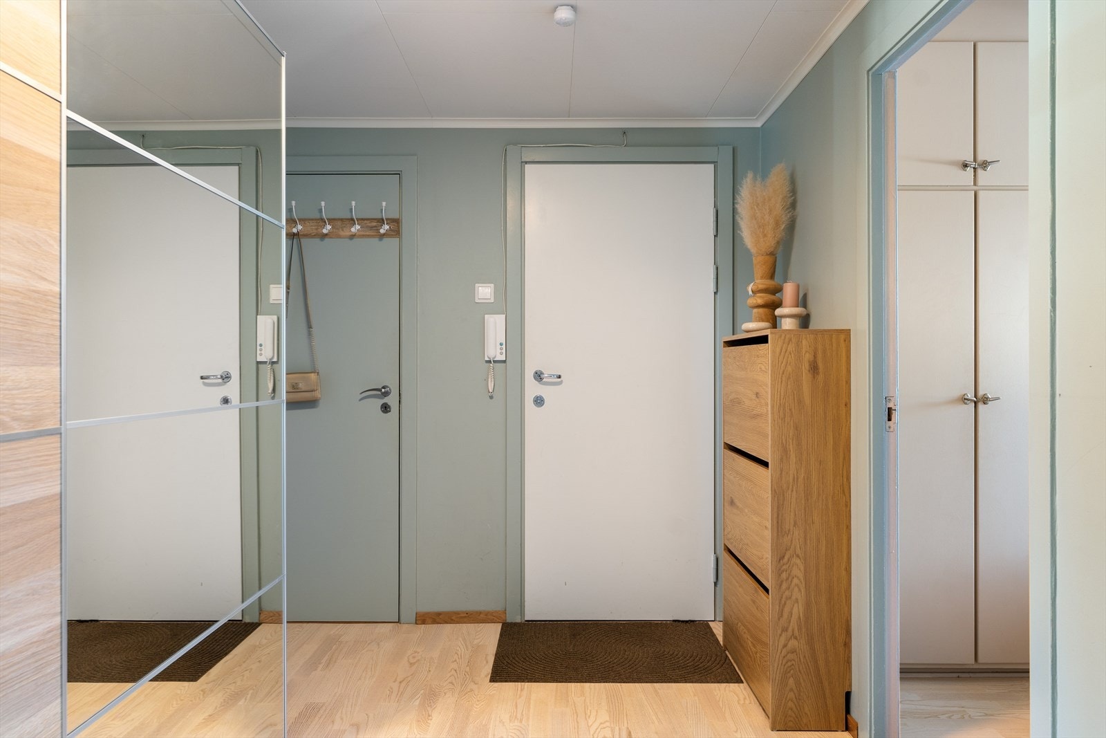 Romslig gang på 7,5 kvm med en liten bod (dør til venstre) med ventilasjonsaggregat Galleribilde