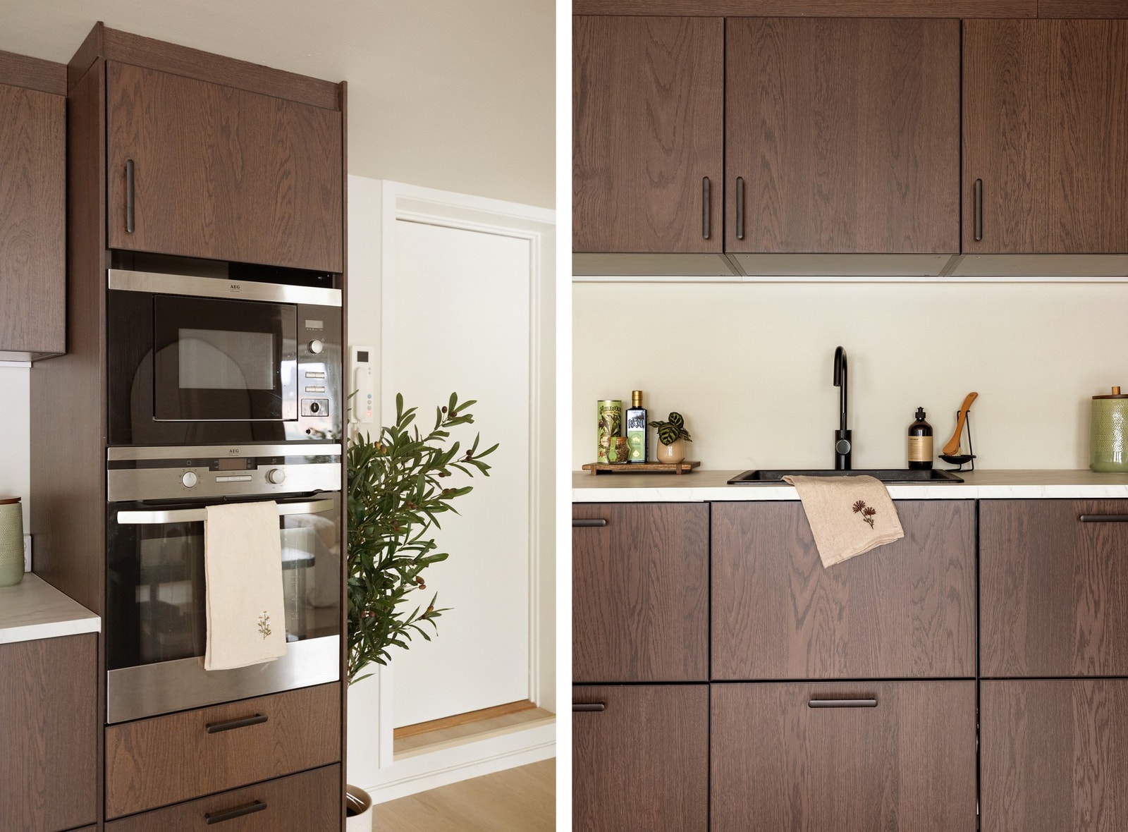 Kjøkkenet er utstyrt med integrert oppvaskmaskin, stekeovn, platetopp, mikrobølgeovn og kjøleskap med frysedel. Mikrobølgeovn og stekeovn er gjenbrukt fra tidligere kjøkken. Galleribilde