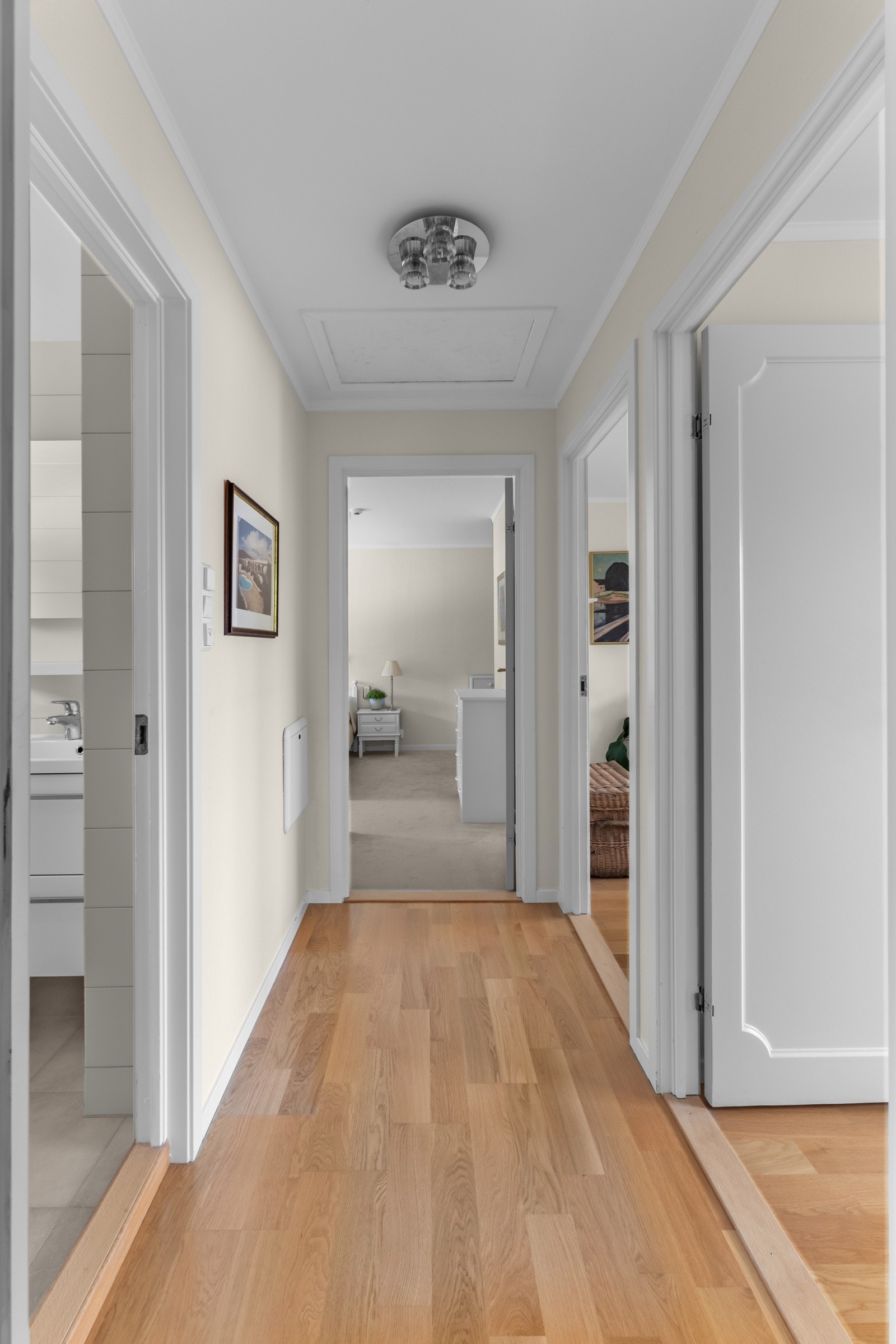 Gangen fører deg videre til soverommene, WC og bad, og gir en praktisk og effektiv planløsning som deler de private områdene i boligen Galleribilde