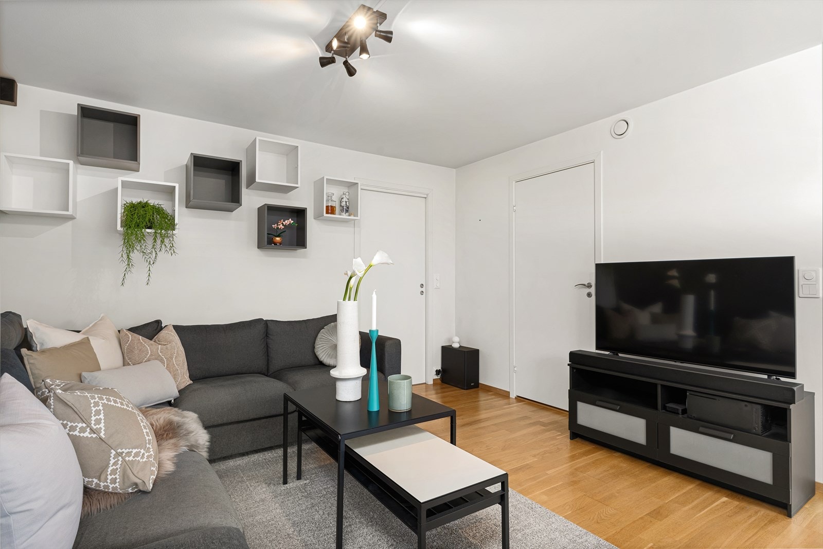 I stuen er det plass til en koselig sofakrok. Veggmonterte hyller medfølger i handelen. Galleribilde