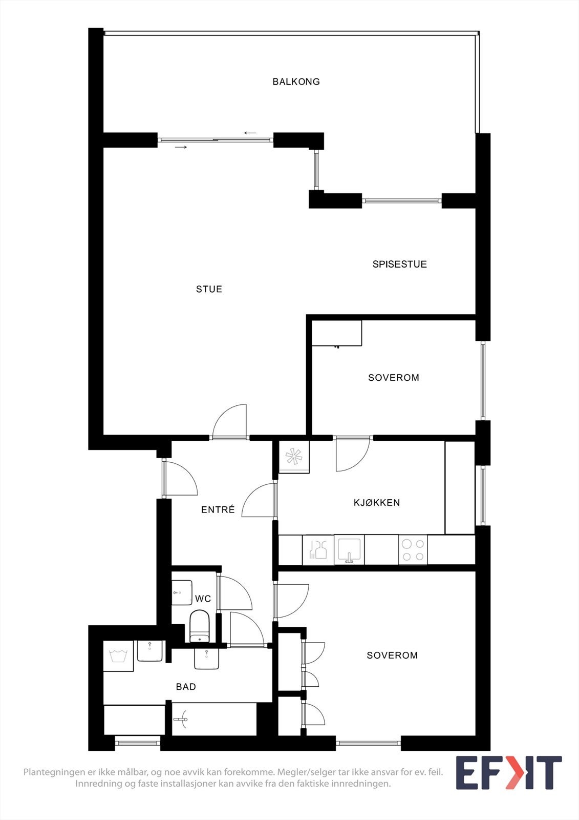 Leiligheten på 79 m² har en arealeffektiv planløsning med to soverom, separat toalettrom og rikelig med oppholdsareal. Noen beboere har laget ekstra soverom i spisestuen! Galleribilde