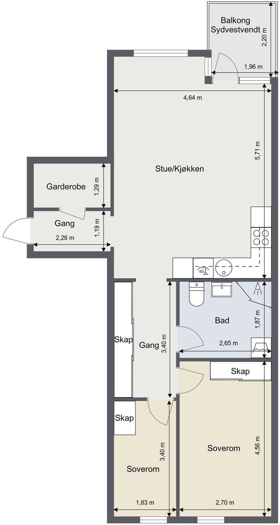 Plantegning. Leiligheten ligger i 5. etasje med heisadkomst. Skissen er ikke målbar og avvik kan forekomme. Galleribilde