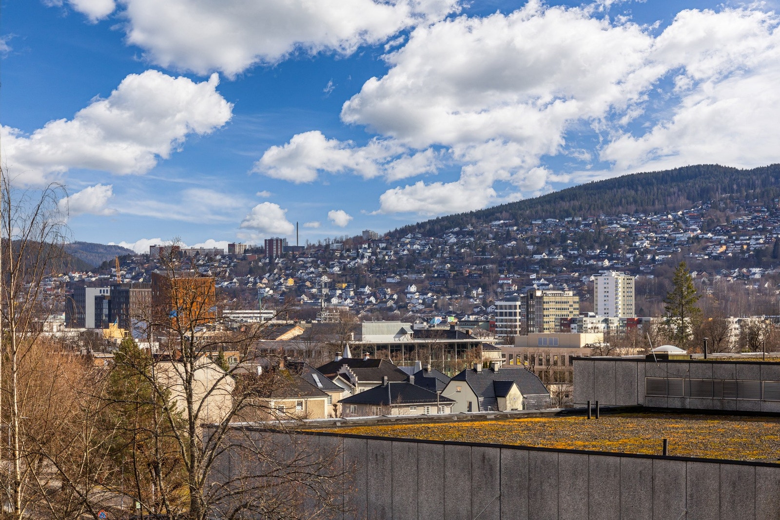 Fin beliggenhet med utsyn mot bebyggelse og åslandskap Galleribilde