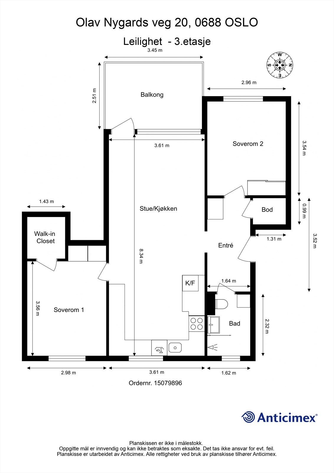 Leiligheten har en gjennomtenkt planløsning på 68 m² med to soverom, walk-in closet og en åpen stue- og kjøkkenløsning. Galleribilde