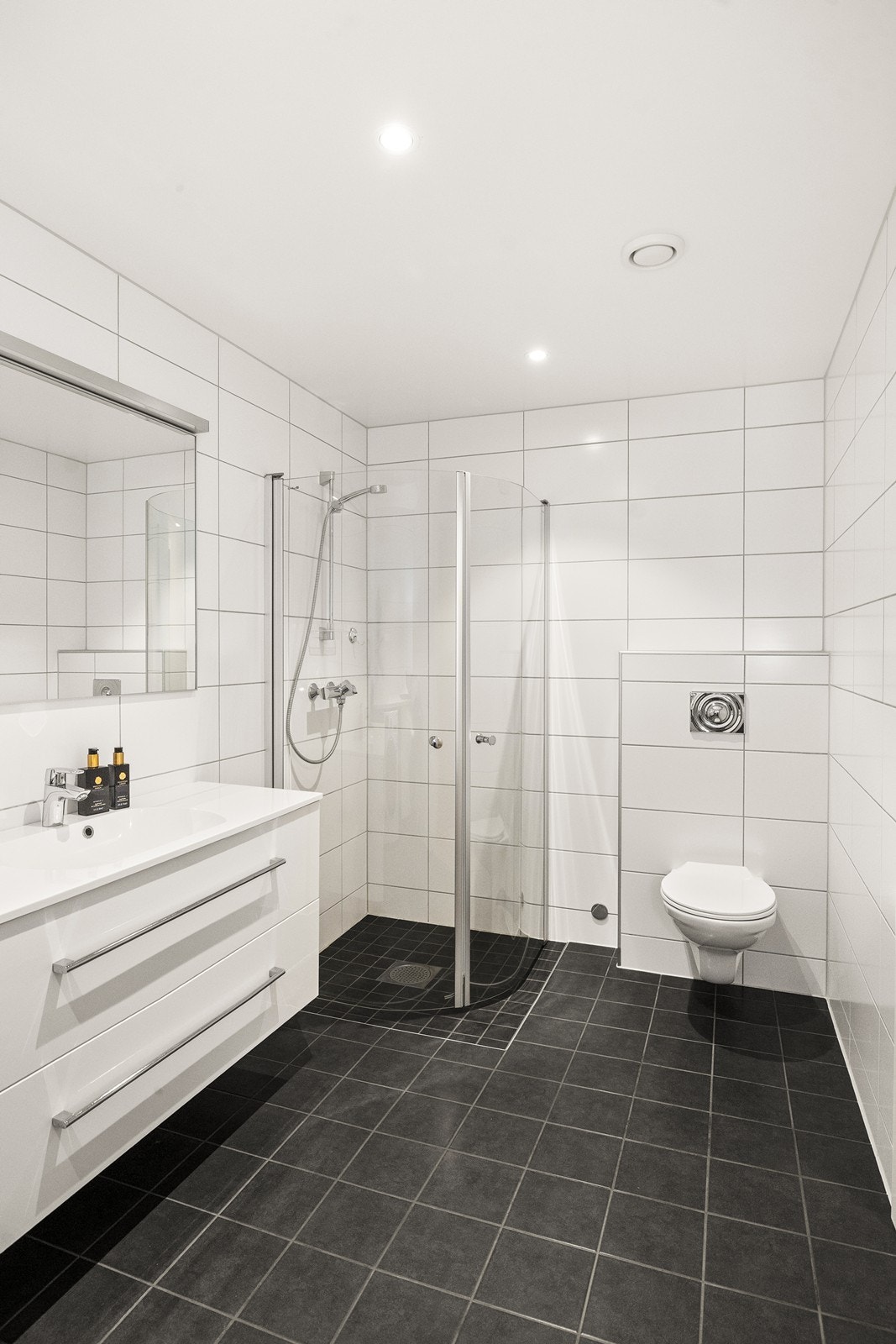 Badet har vegghengt toalett for enklere renhold og avtrekk som sikrer et godt inneklima. Galleribilde