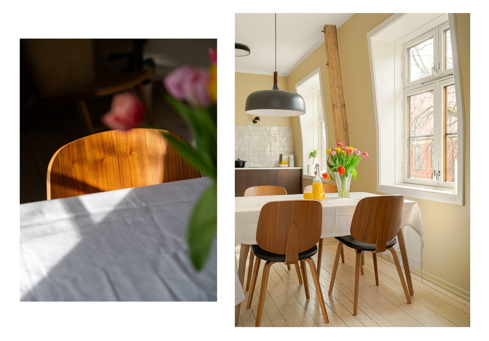 Spisebordet finner sin naturlige plass ved vindusrekken. Her får du utsyn til store, frodige trær som tar seg godt ut på sommerstid. Galleribilde