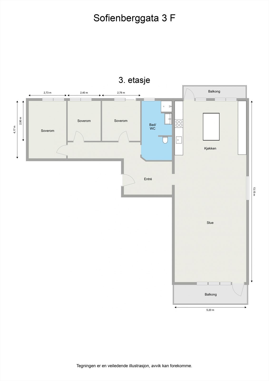 Leiligheten ligger i byggets 3. etasje og har praktisk planløsning med entre, mellomgang, stue, kjøkken, bad og tre soverom. Galleribilde