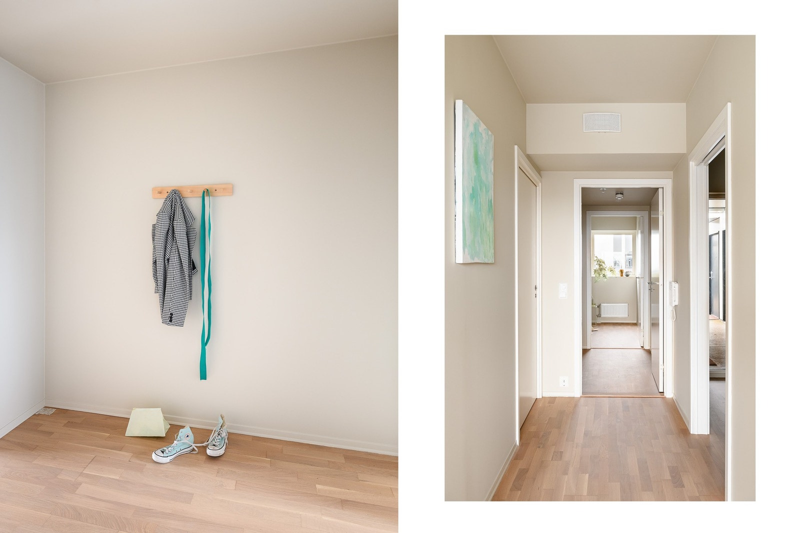 Lys og velstelt entré med nymalte flater og god plass til yttertøy. En ryddig velkomst til leiligheten. Galleribilde