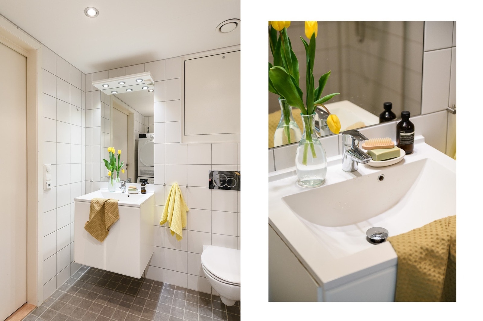 Pent og helfliset bad med varme i gulvet og god plass til vaskemaskin. En tidløs løsning som er lett å trives i. Galleribilde