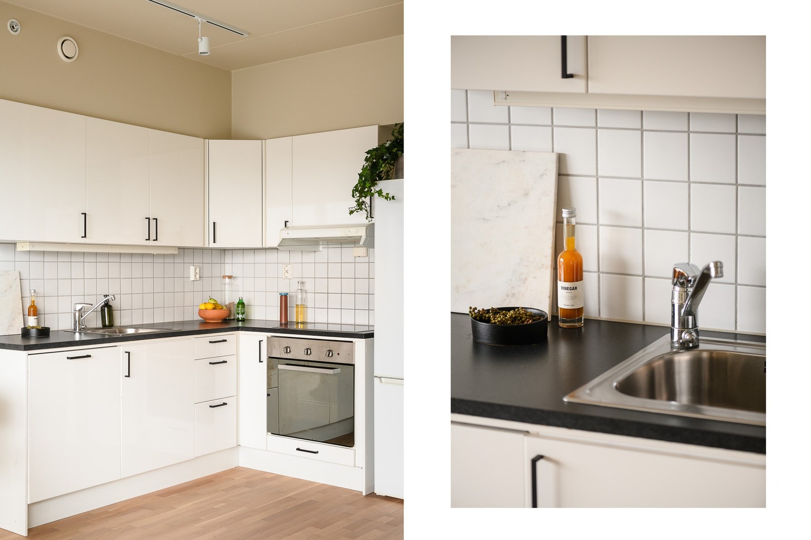 Lyst og moderne kjøkken med komfyrvakt og balansert avtrekk Galleribilde