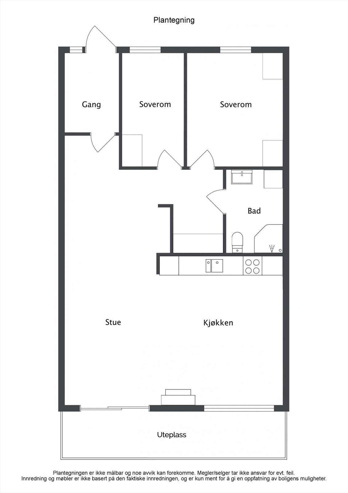 Leiligheten har en arealeffektiv planløsning på 81 m² over ett plan, med to soverom og en åpen sone for stue og kjøkken. Galleribilde