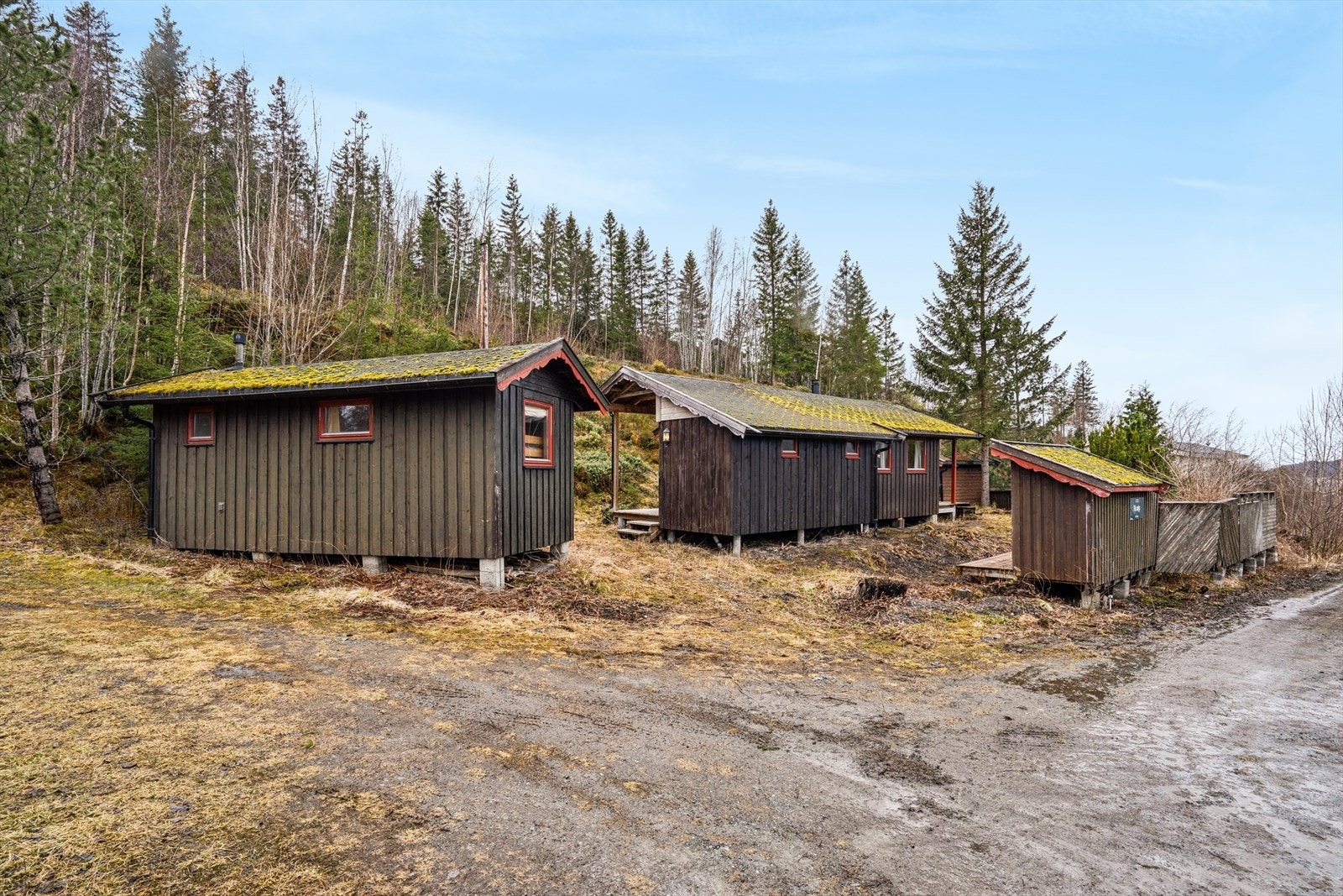 Hytte sett fra terrengnivå med naturtomt og skog i bakgrunnen. Galleribilde