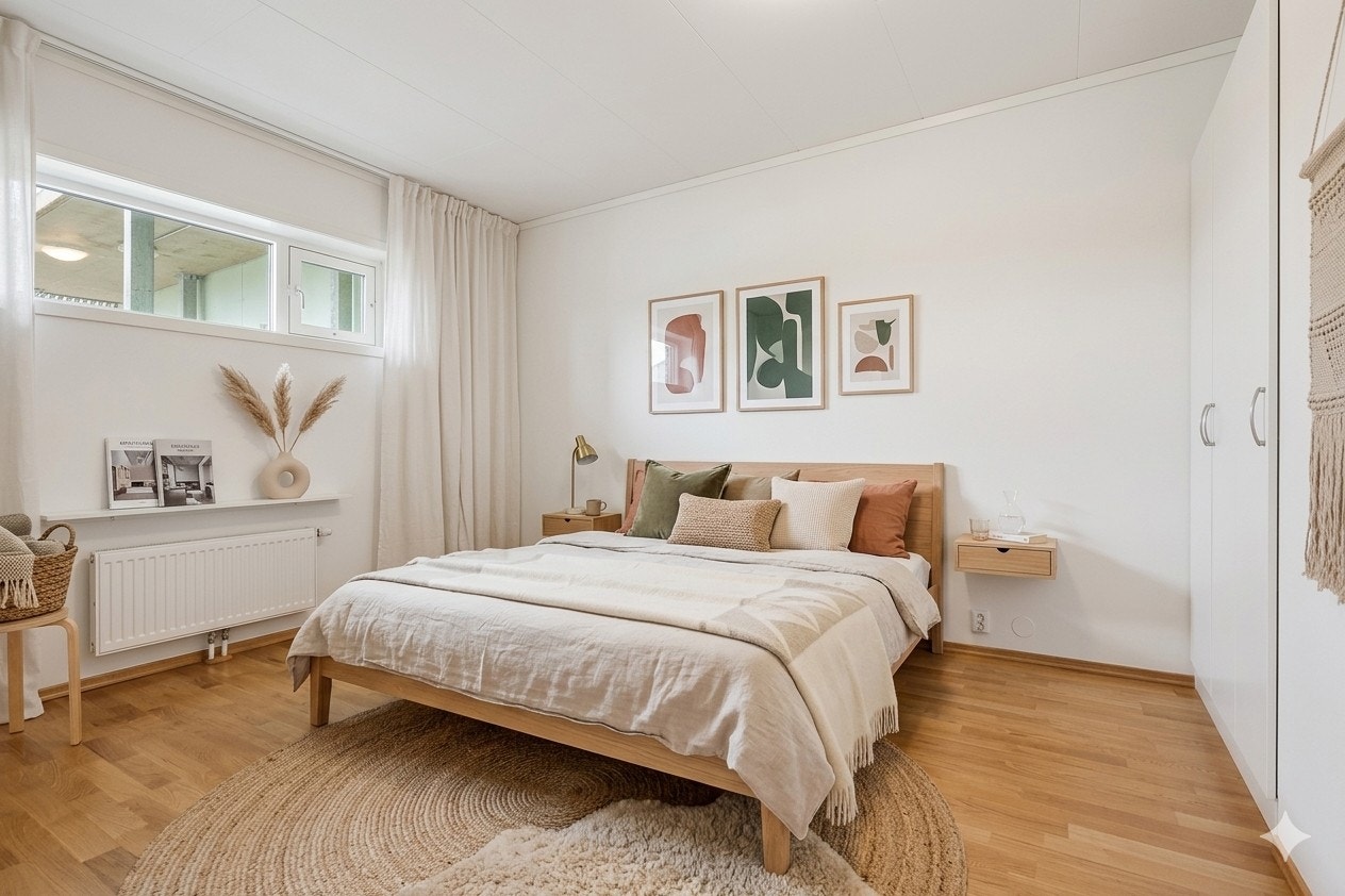 Digitalt stylet bilde av soverom. Galleribilde