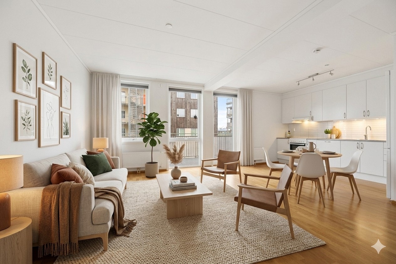 Velkommen til Smedstuvegen 5! Digitalt stylet bilde av stuen. Galleribilde