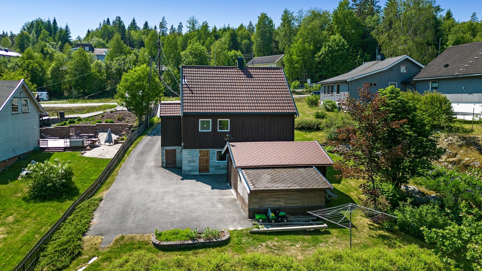 Uteområde - tomt er pent opparbeidet med plen, hekk og diverse prydbusker med skrående og delvis flat tomt Galleribilde