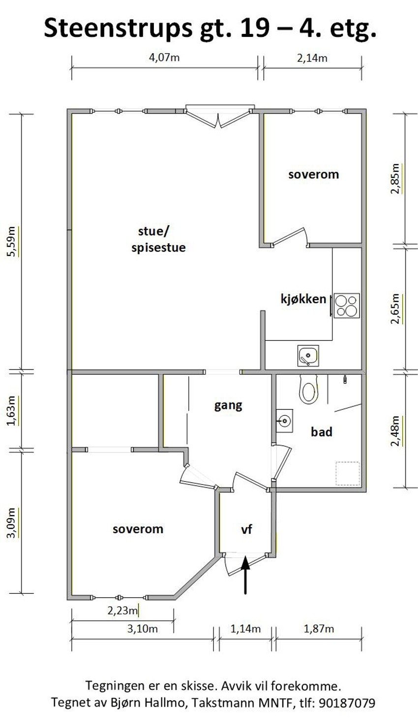 - Plantegning med mål Steenstrups gate 19 - Galleribilde