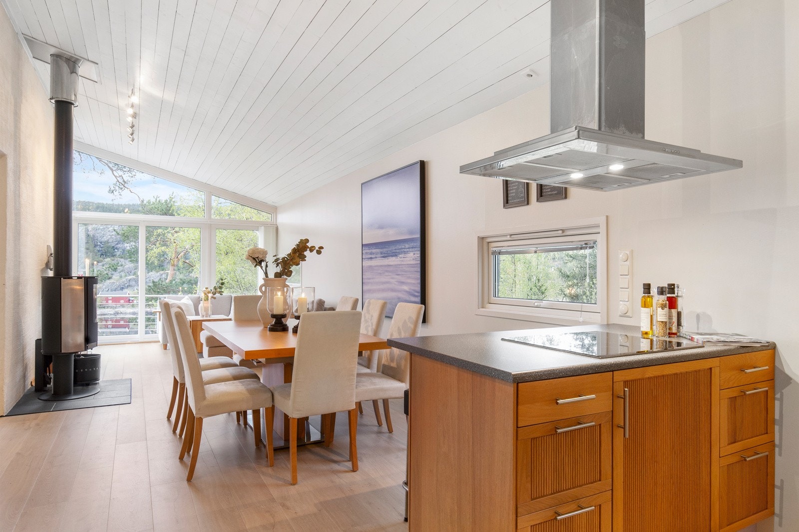 Integrerte hvitevarer medfølger i handelen: stekeovn, induksjon platetopp, kjøleskap (2024) og oppvaskmaskin. I tillegg medfølger kombiskap i anneks. Galleribilde